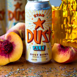 Picture of Star Dust Ale can with fresh peaches and confetti